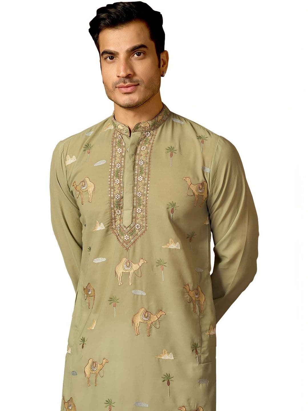 House of Pataudi Embroidered Cotton Mandarin Collar Knee Length Straight Kurta thumbnail 3