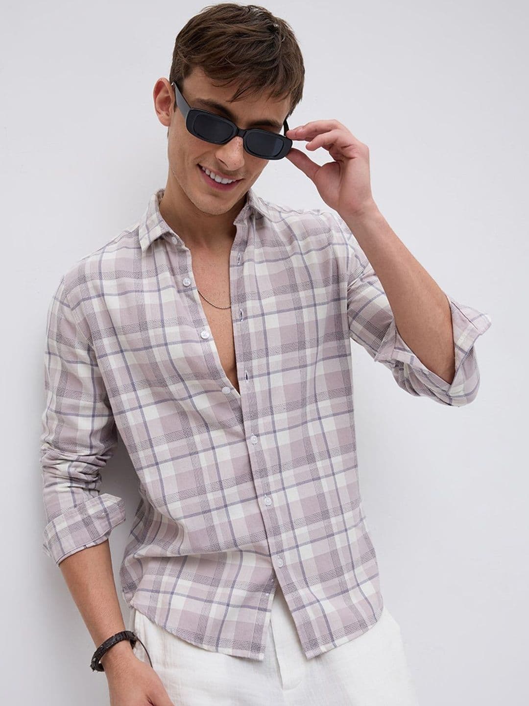 VASTRADO Dusty Pink Micro Herringbone Windowpane Checks Shirt thumbnail 7
