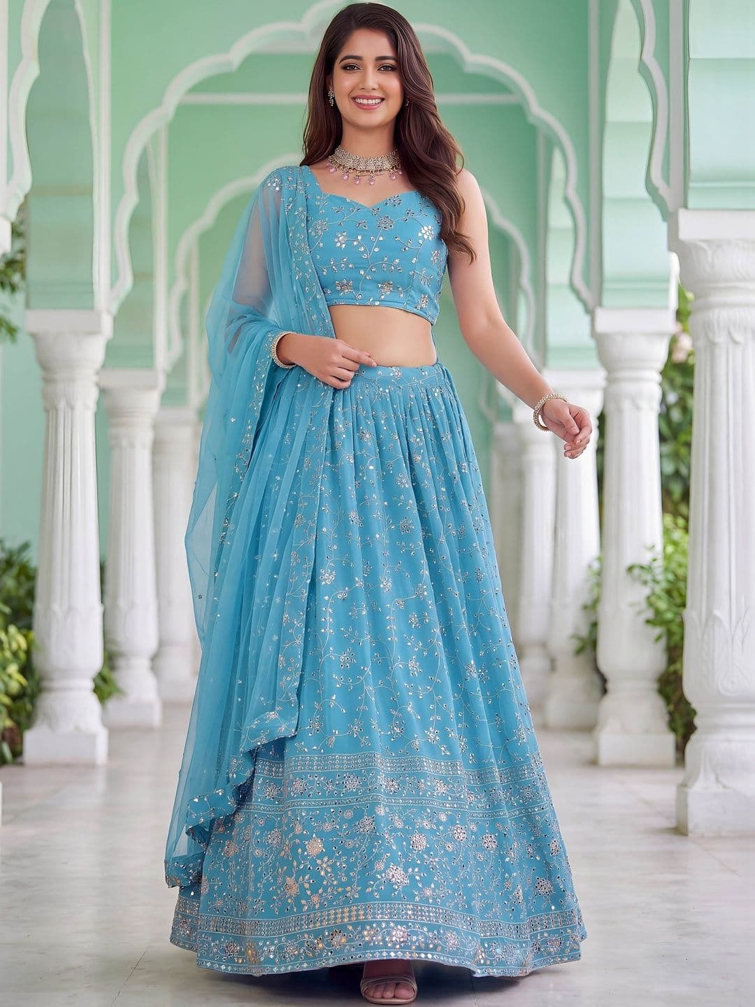 ETHNIC PLUS Embellished Sequinned Semi-Stitched Lehenga & Blouse With Dupatta - view 1