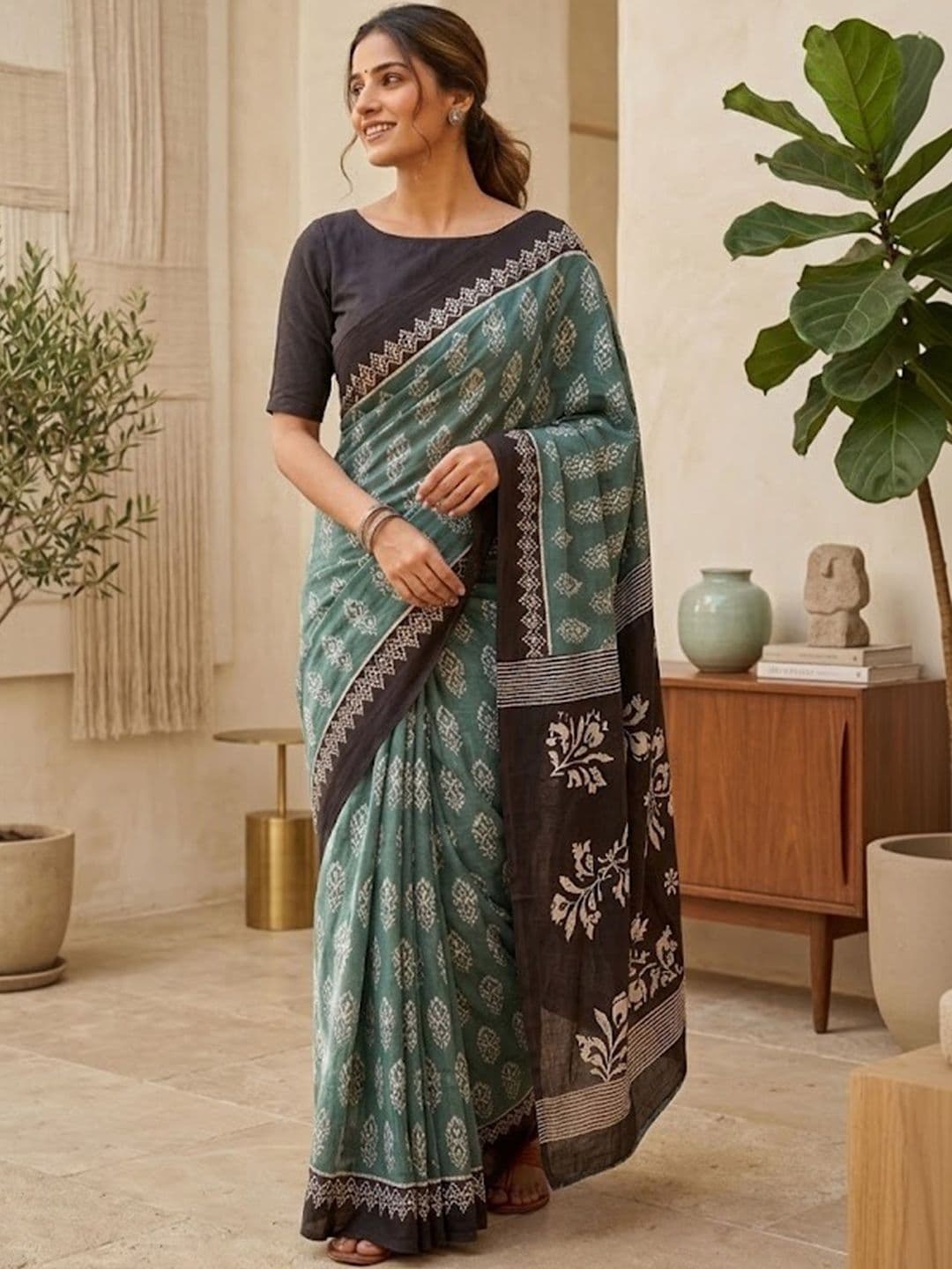 Sangria Printed Pure Cotton Block Print Sarees Blouse thumbnail 2