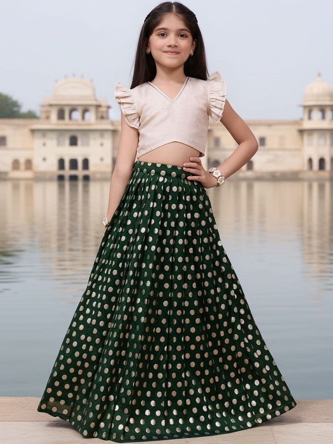 KALANANDI Girls Embellished Foil Print Ready to Wear Lehenga & thumbnail 3