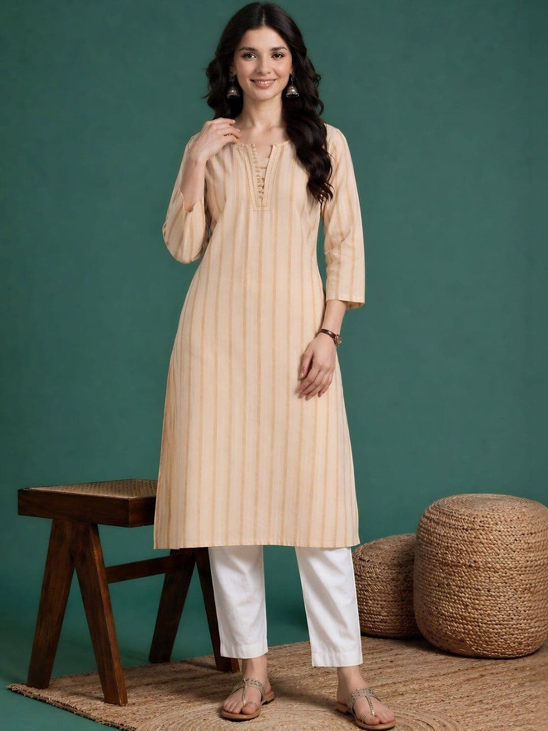Sangria Straight Fit Striped V-Neck Calf Length Straight Kurtas thumbnail 3