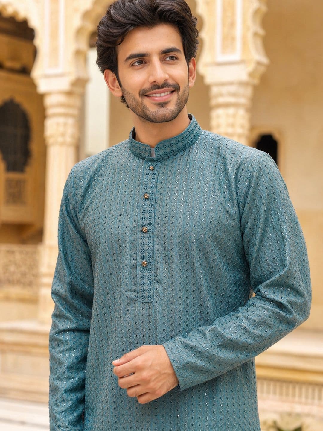HERE&NOW Men Geometric Embroidered Chikankari Kurta thumbnail 7
