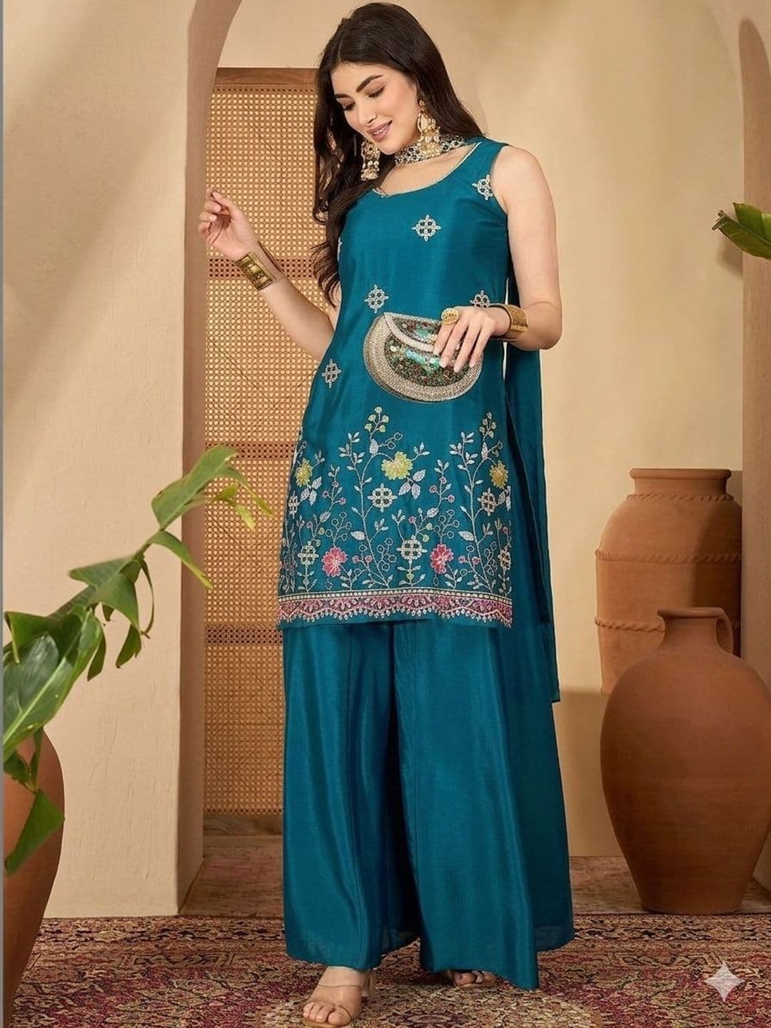 all about you Women Ethnic Motifs Embroidered Regular Thread Work Kurta with Sharara & With Dupatta - view 1