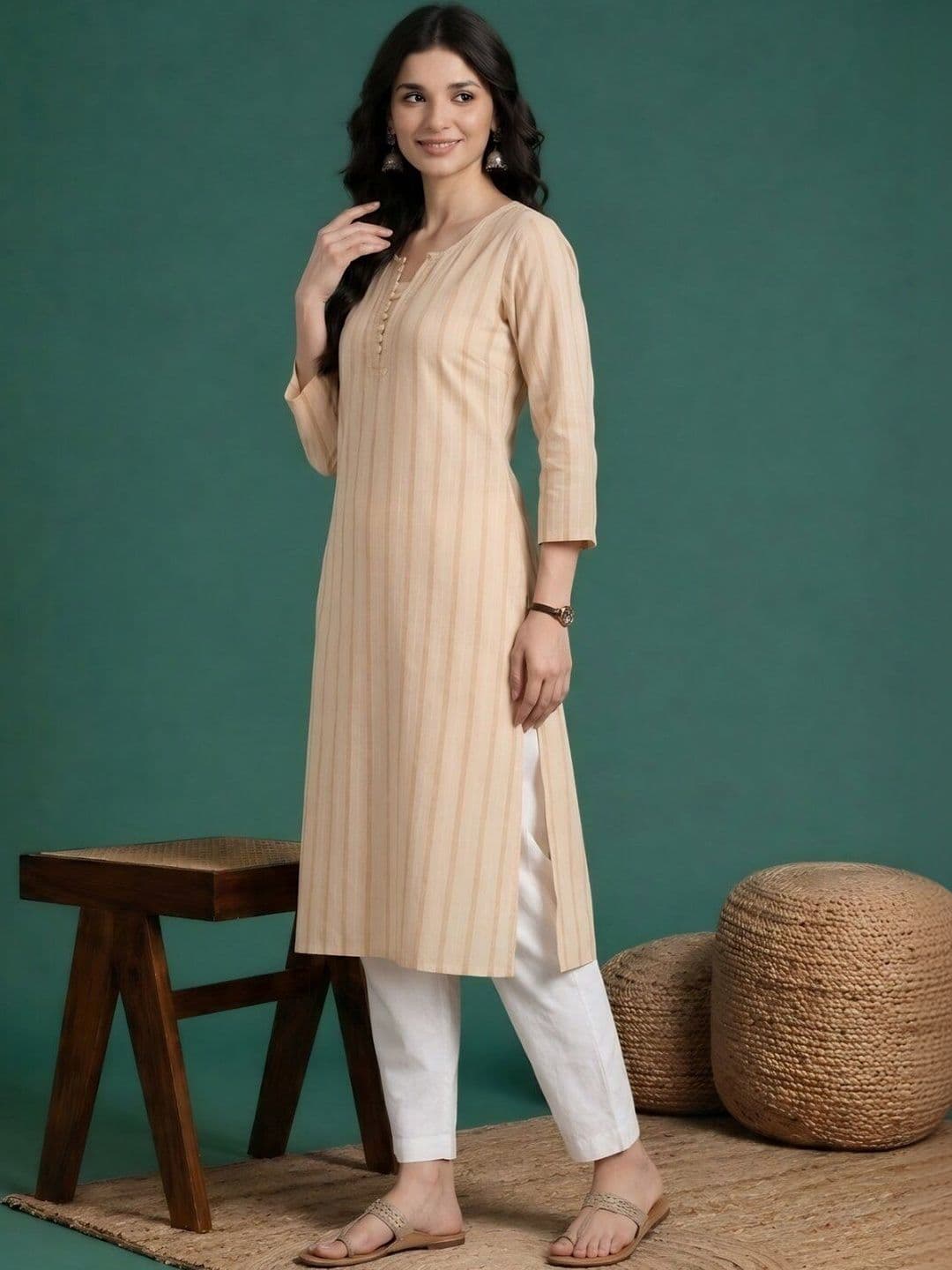 Sangria Straight Fit Striped V-Neck Calf Length Straight Kurtas - view 1