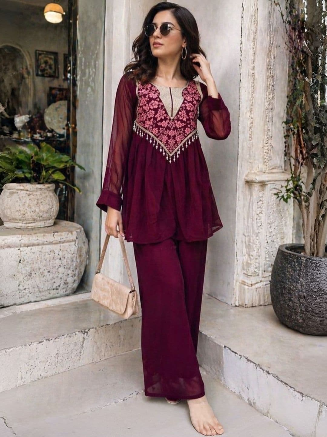 PRIMESKY Women Floral Embroidered Empire Thread Work Silk Georgette Kurti with Palazzos thumbnail 2