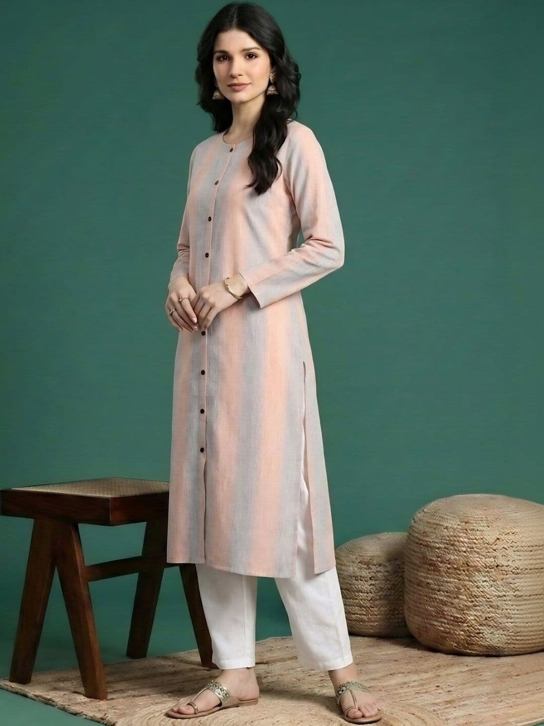 Sangria Striped Round Neck Calf Length Straight Kurtas thumbnail 4