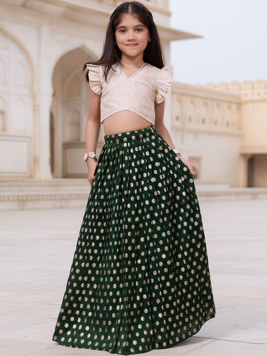 KALANANDI Girls Embellished Foil Print Ready to Wear Lehenga & - view 1