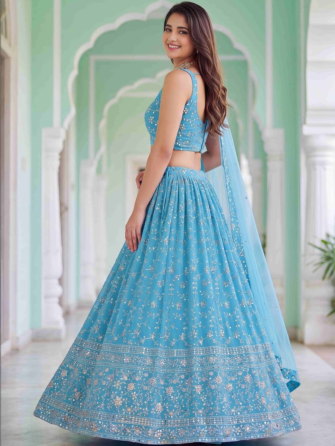 ETHNIC PLUS Embellished Sequinned Semi-Stitched Lehenga & Blouse With Dupatta thumbnail 5