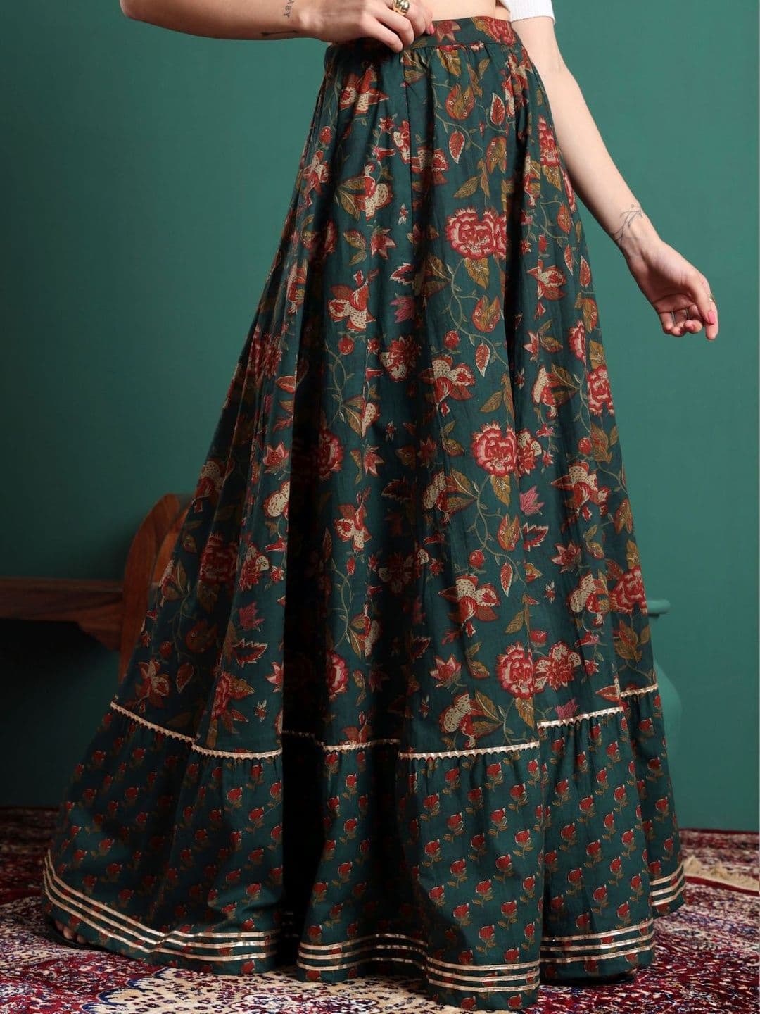 Sangria Women Cotton Floral Maxi Flared Skirt thumbnail 3