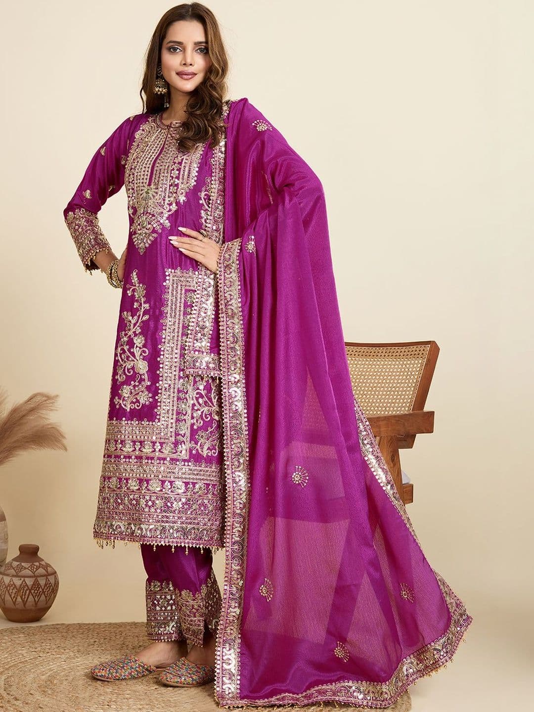 SATINOSTITCH Women Ethnic Motifs Embroidered Regular Sequinned Kurta with Trousers & With Dupatta thumbnail 3