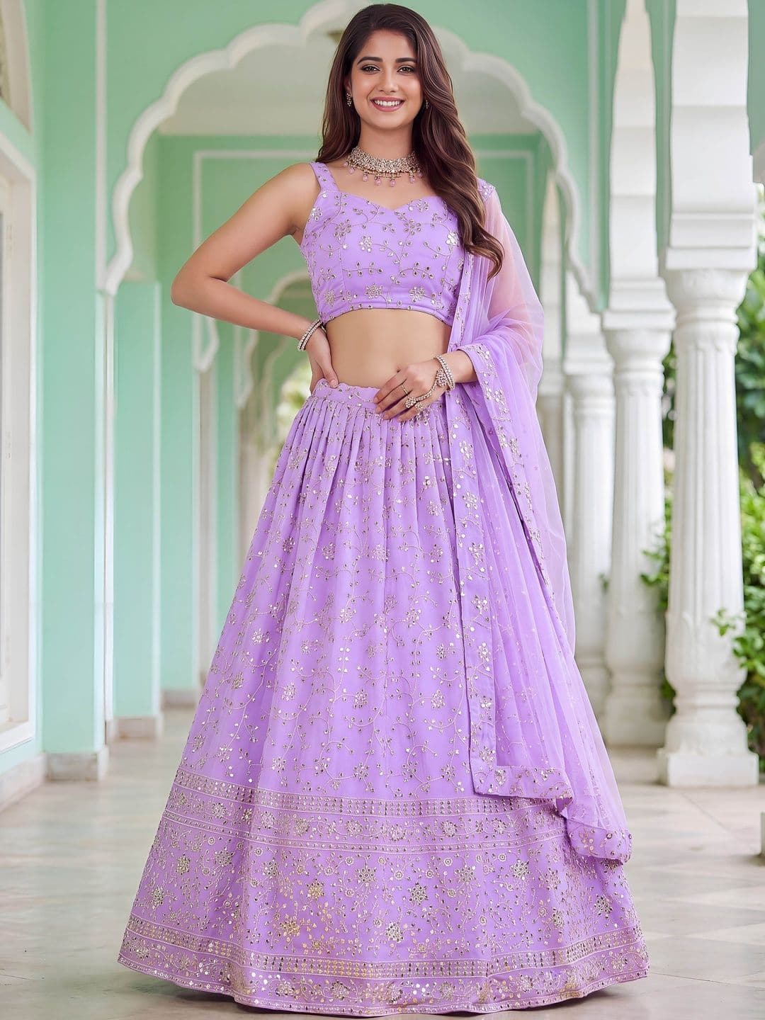 ETHNIC PLUS Embellished Sequinned Semi-Stitched Lehenga & Blouse With Dupatta - view 1