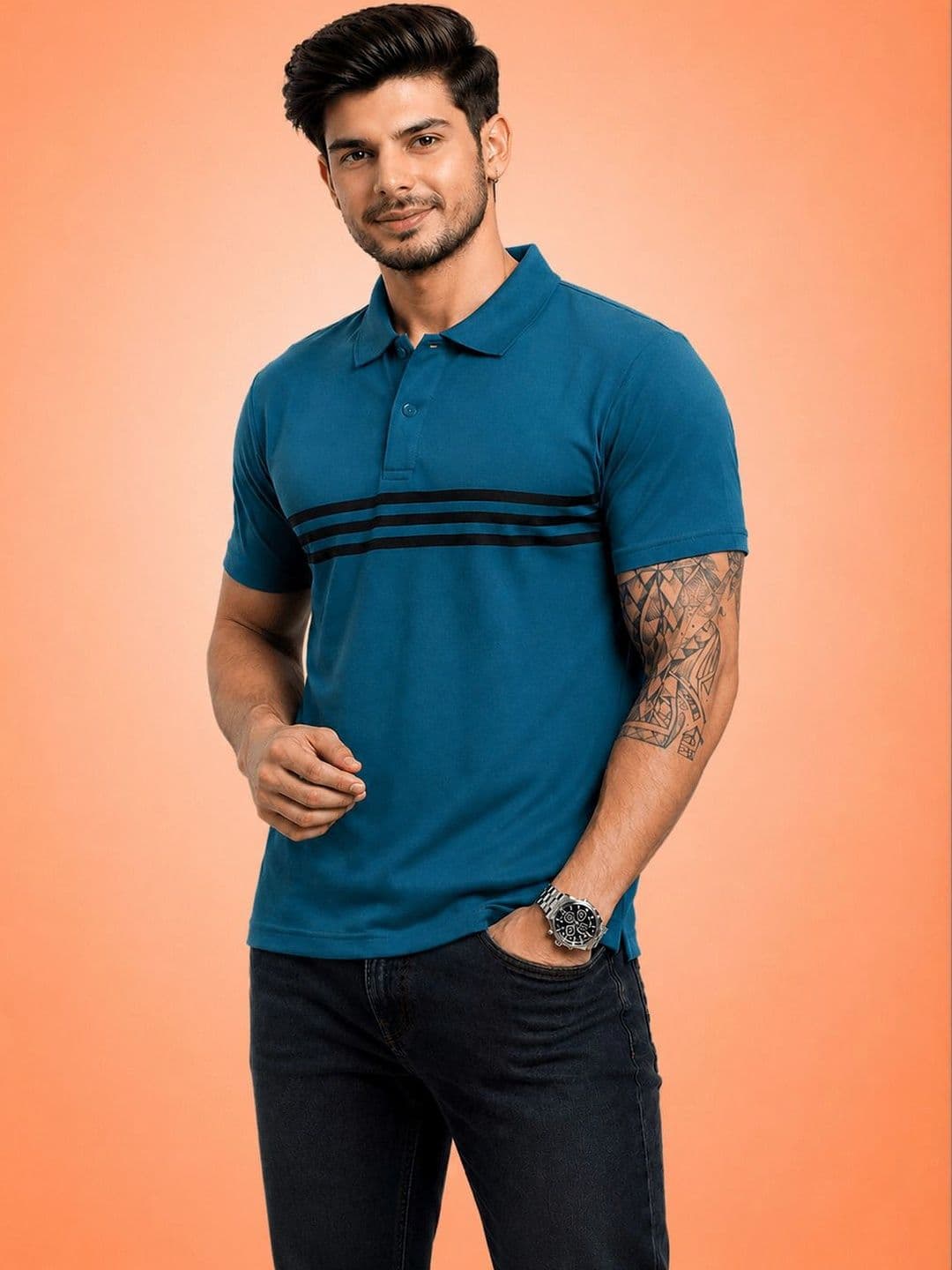 HERE&NOW Men Striped Polo Collar T-shirt thumbnail 2