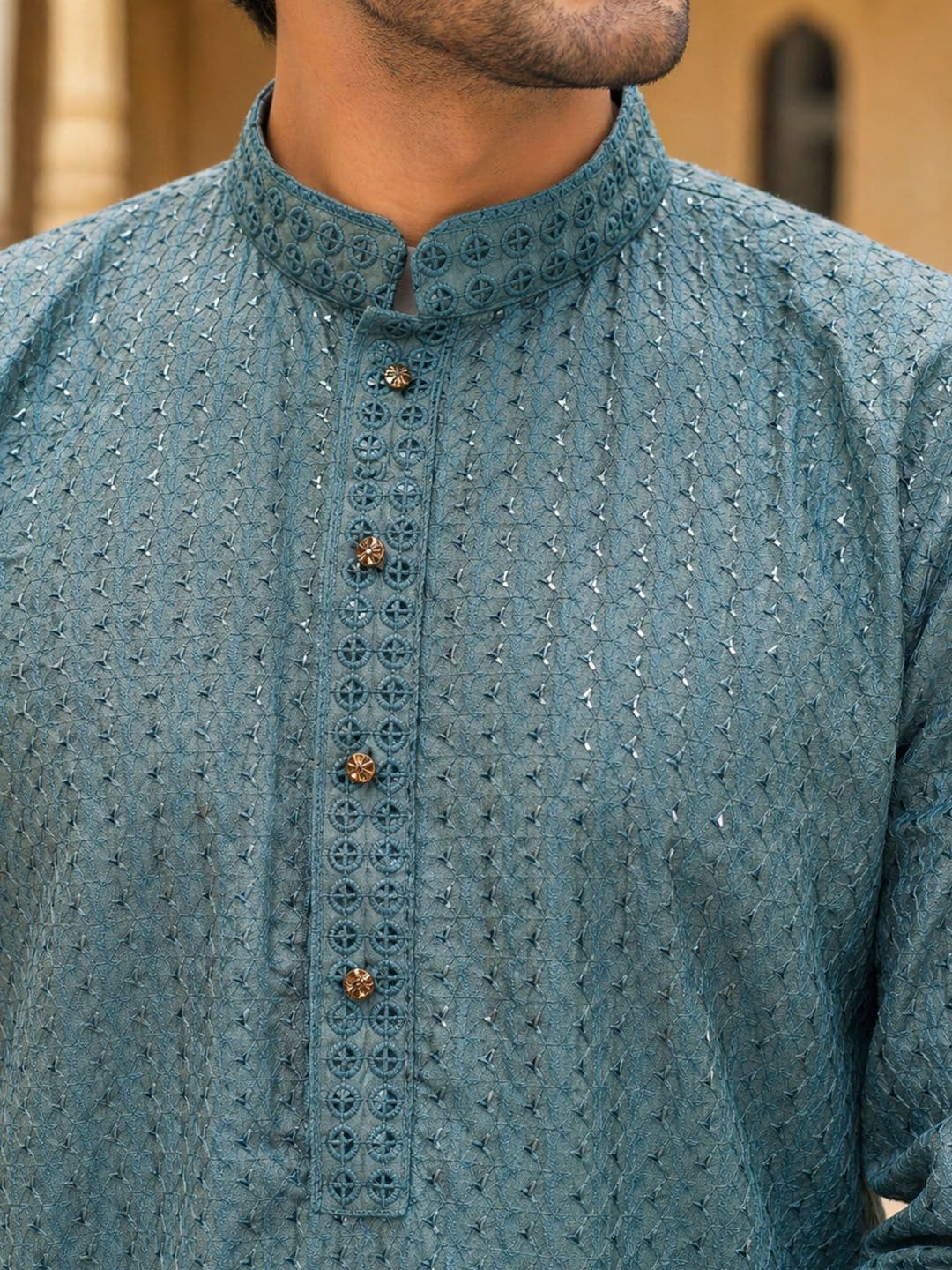 HERE&NOW Men Geometric Embroidered Chikankari Kurta thumbnail 4
