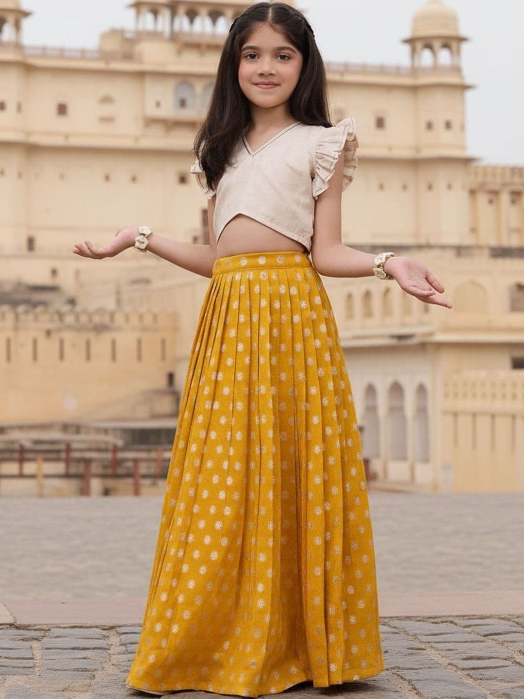 KALANANDI Girls Embellished Foil Print Ready to Wear Lehenga & - view 1
