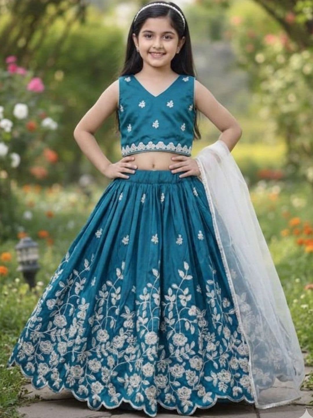 RJ ONLINE Girls Embroidered Thread Work Tie and Dye Ready to Wear Lehenga & Blouse With Dupatta - view 1