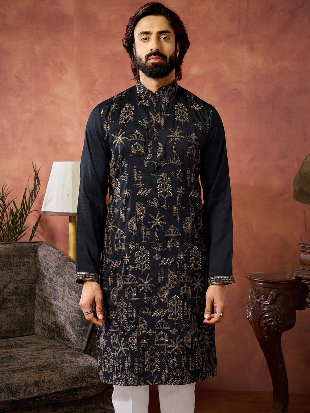 House of Pataudi Embroidered Cotton Mandarin Collar Knee Length Straight Kurtas thumbnail 2