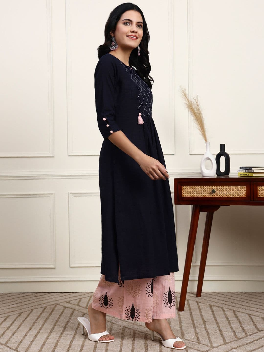 Idalia Women Navy Blue & Pink Yoke Design Kurta with Palazzos thumbnail 5