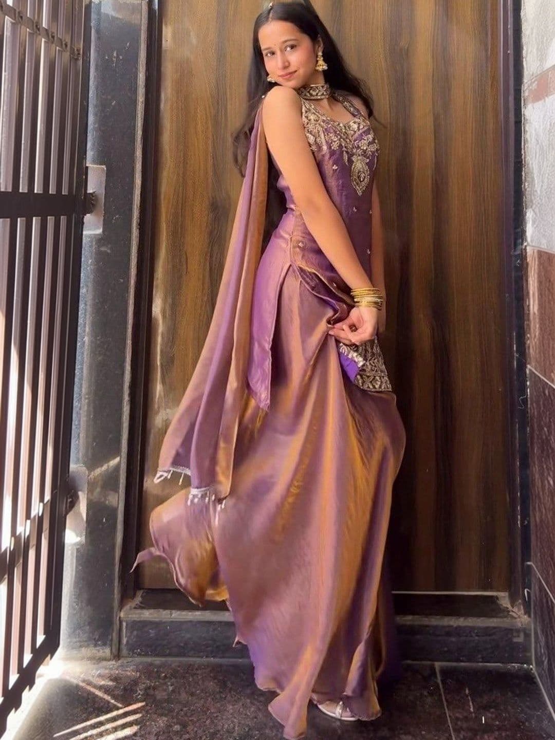 Bouncer Berry Ethnic Motifs Embroidered Thread Work Pure Silk Kurta with Sharara & Dupatta thumbnail 5
