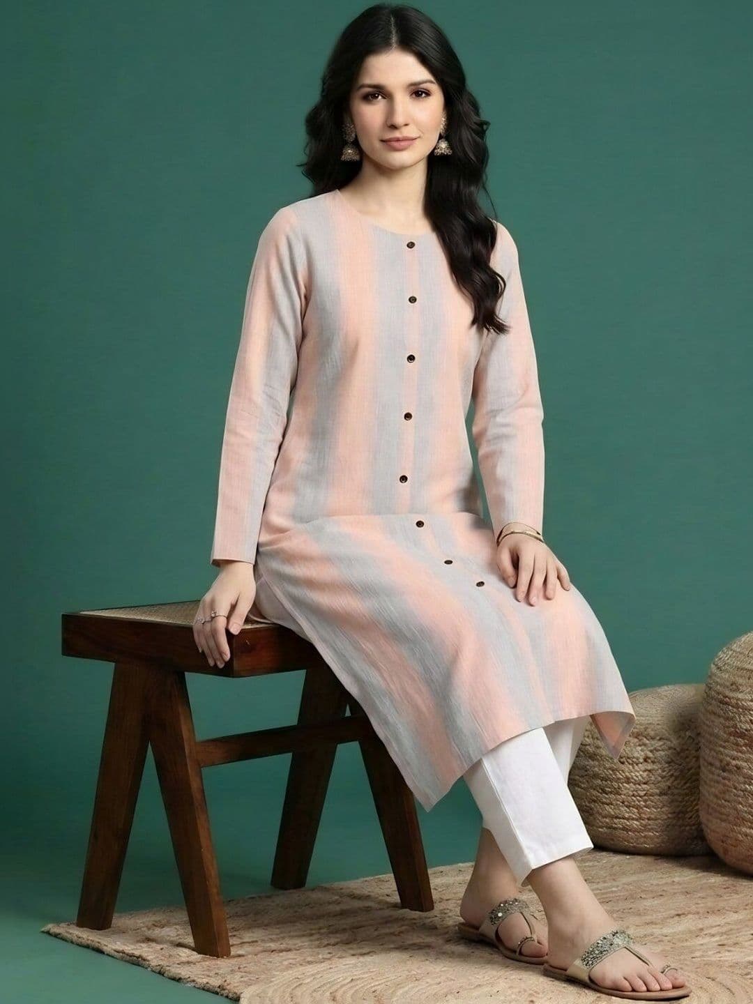 Sangria Striped Round Neck Calf Length Straight Kurtas - view 1