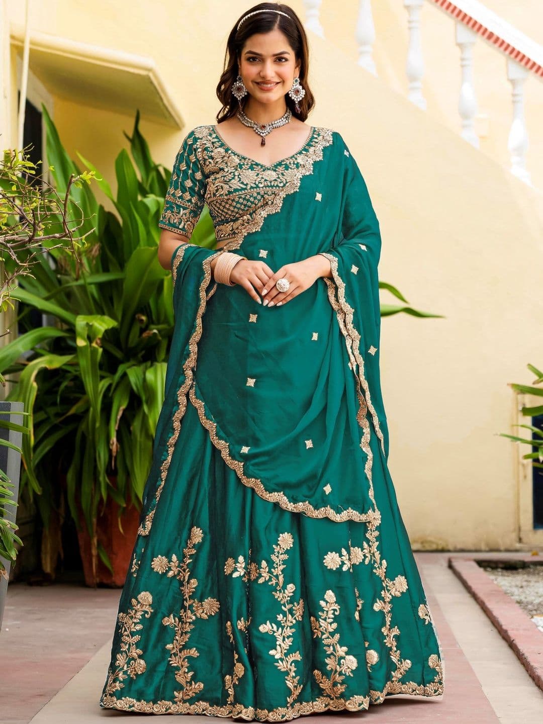 JIHU CULTURE Embroidered Thread Work Semi-Stitched Lehenga & Blouse With Dupatta - view 1