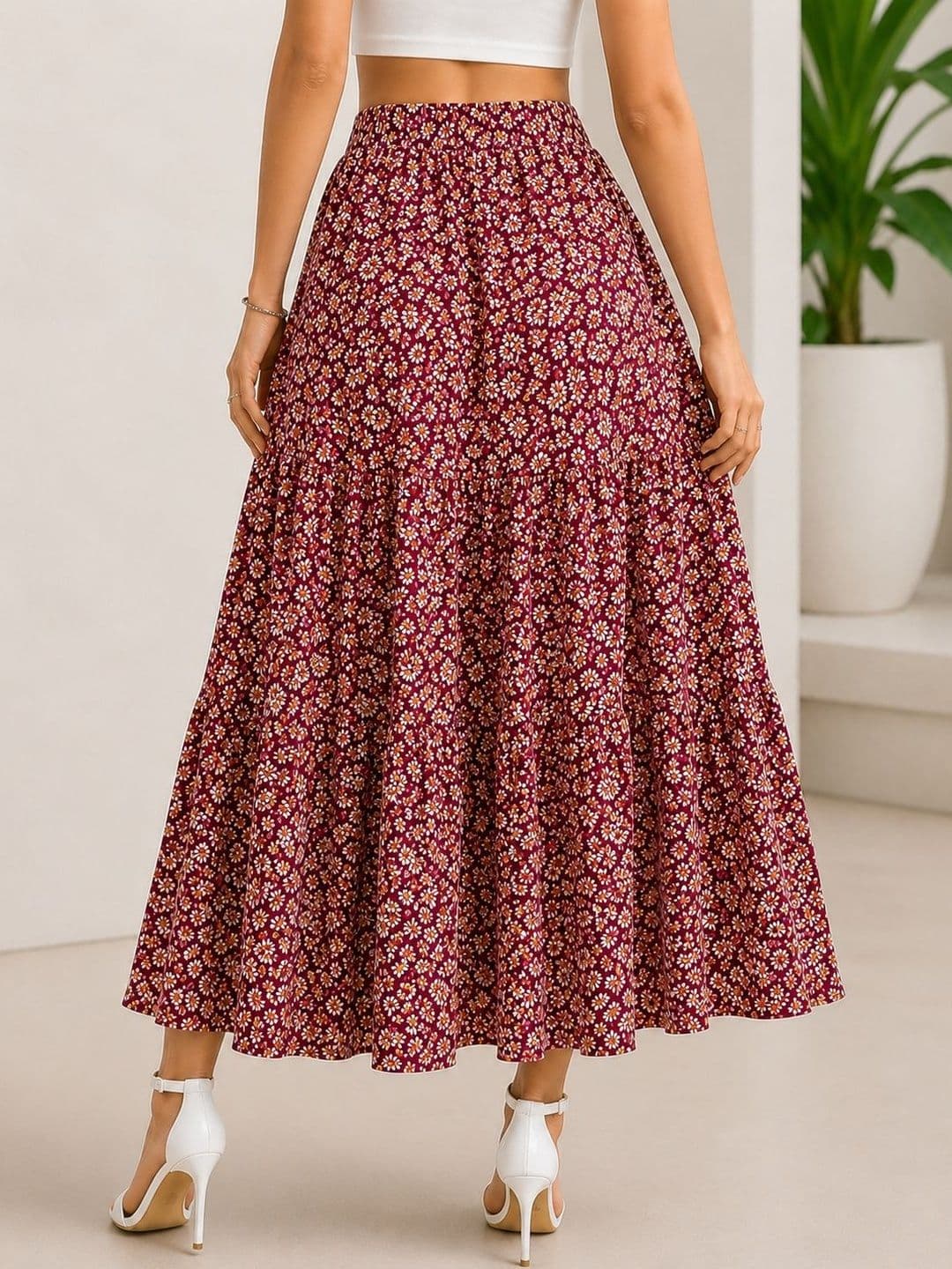 AmorLuxe Women Crepe Floral Midi A-Line Skirt thumbnail 3