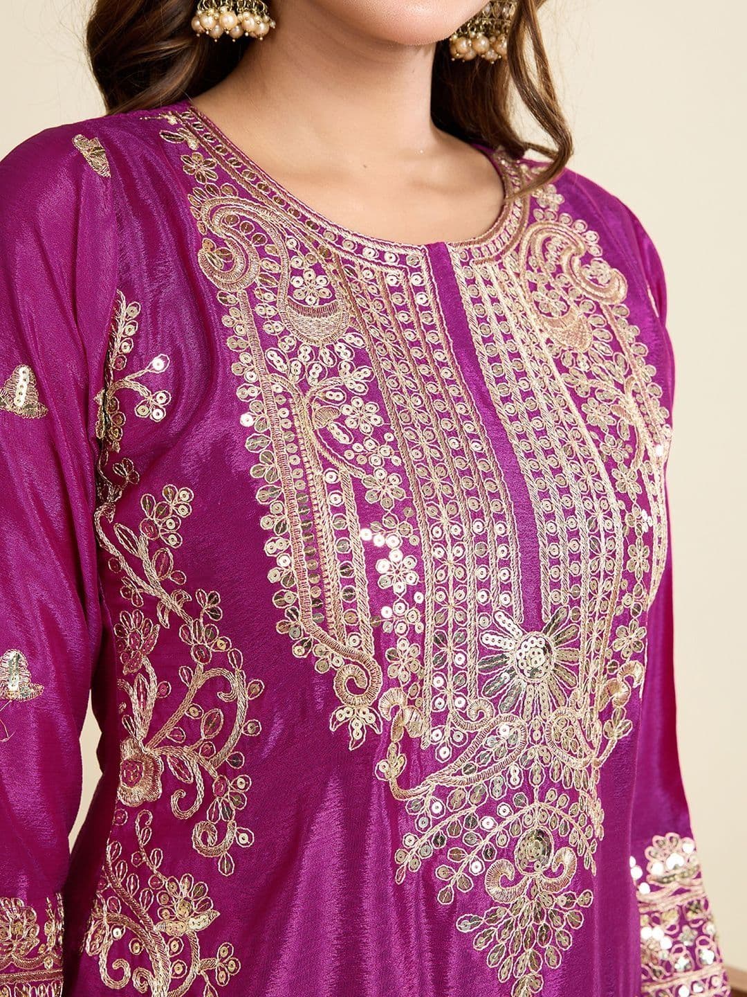 SATINOSTITCH Women Ethnic Motifs Embroidered Regular Sequinned Kurta with Trousers & With Dupatta thumbnail 5