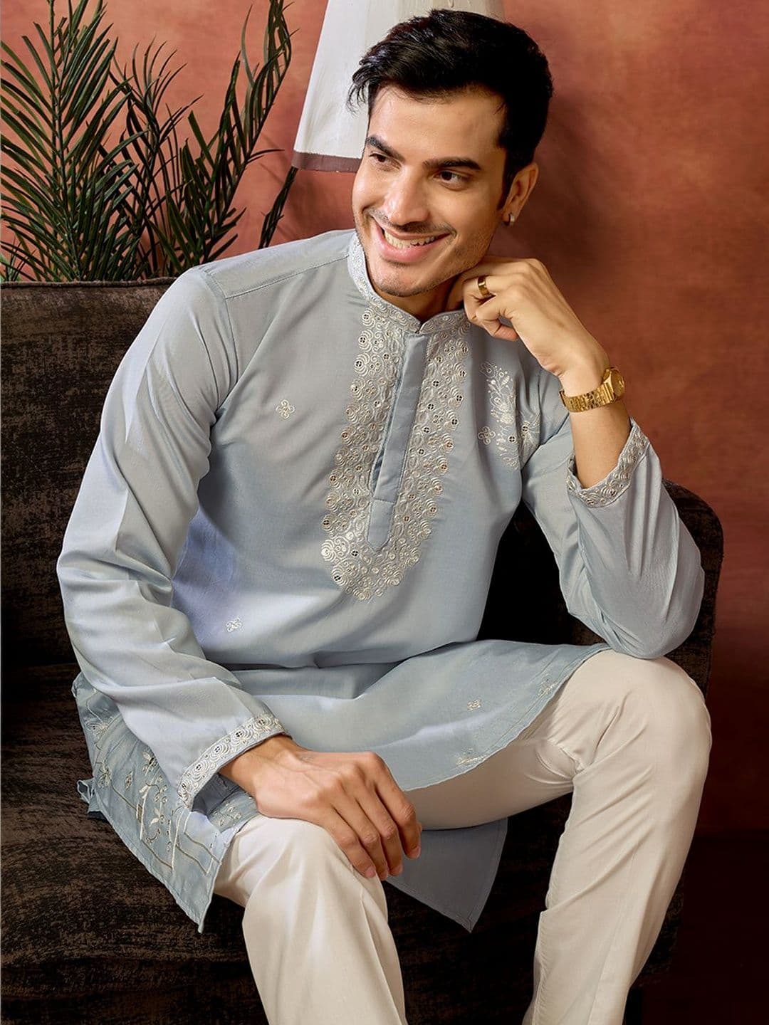 House of Pataudi Embroidered Cotton Mandarin Collar Knee Length Straight Kurtas - view 1