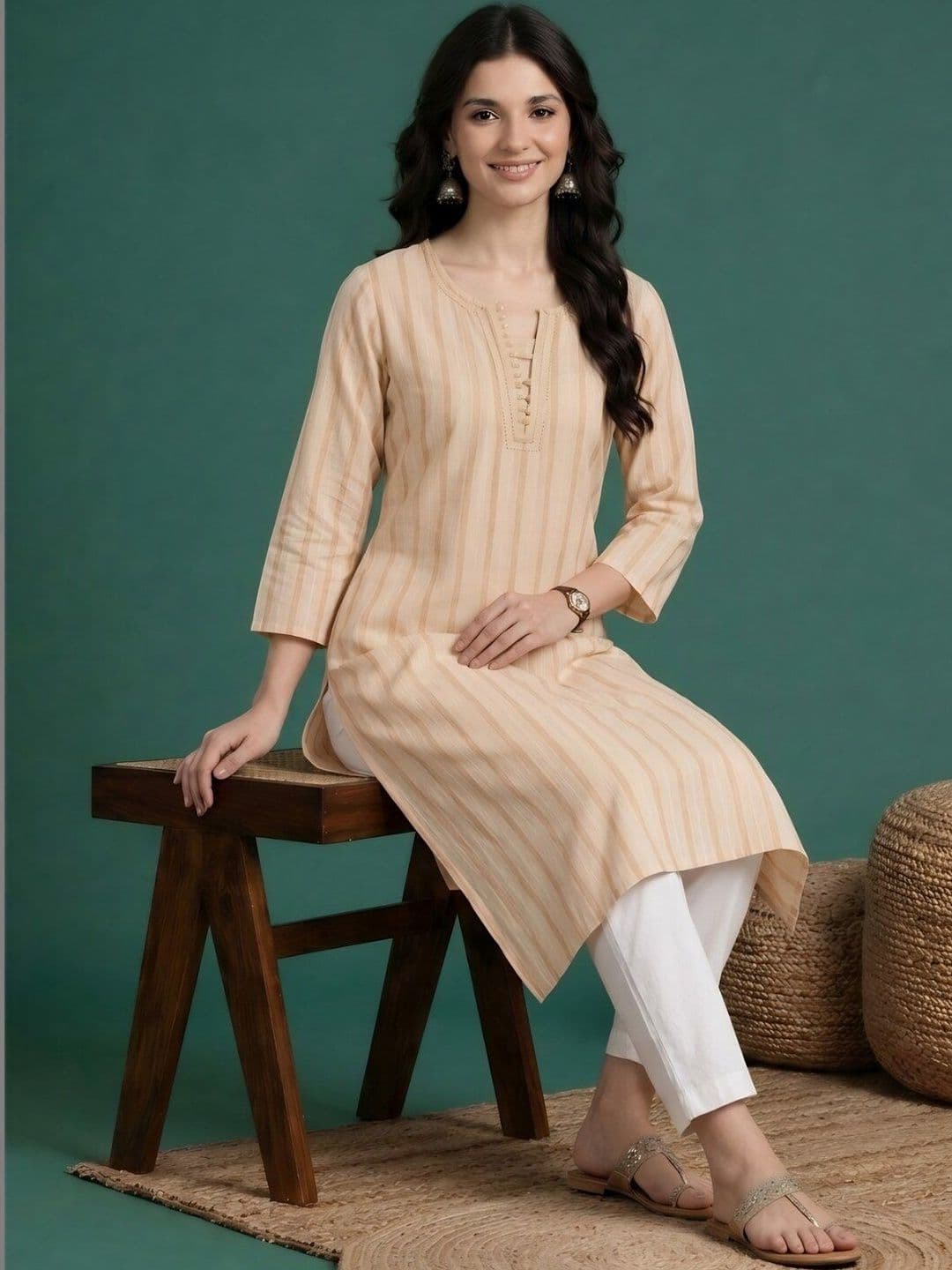Sangria Straight Fit Striped V-Neck Calf Length Straight Kurtas thumbnail 5