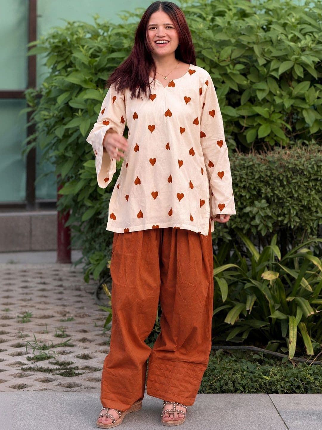 GoSriKi Women's Rust Rayon Blend Embroidered Straight Short Kurta With Farshi Salwar Set thumbnail 2