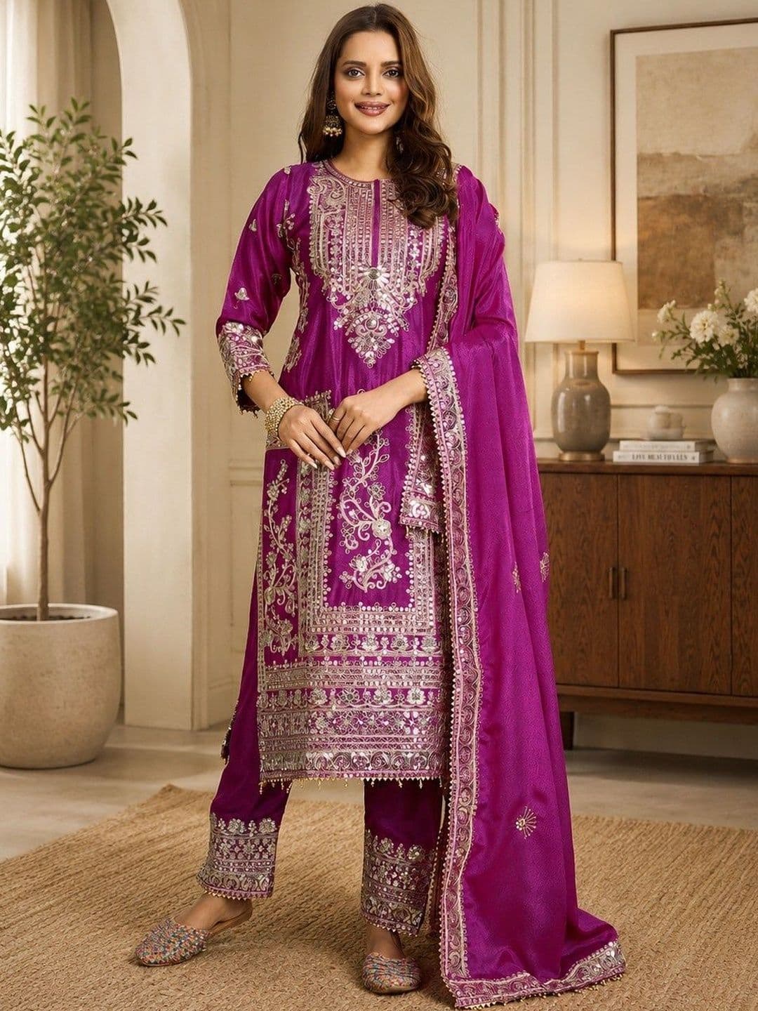 SATINOSTITCH Women Ethnic Motifs Embroidered Regular Sequinned Kurta with Trousers & With Dupatta - view 1