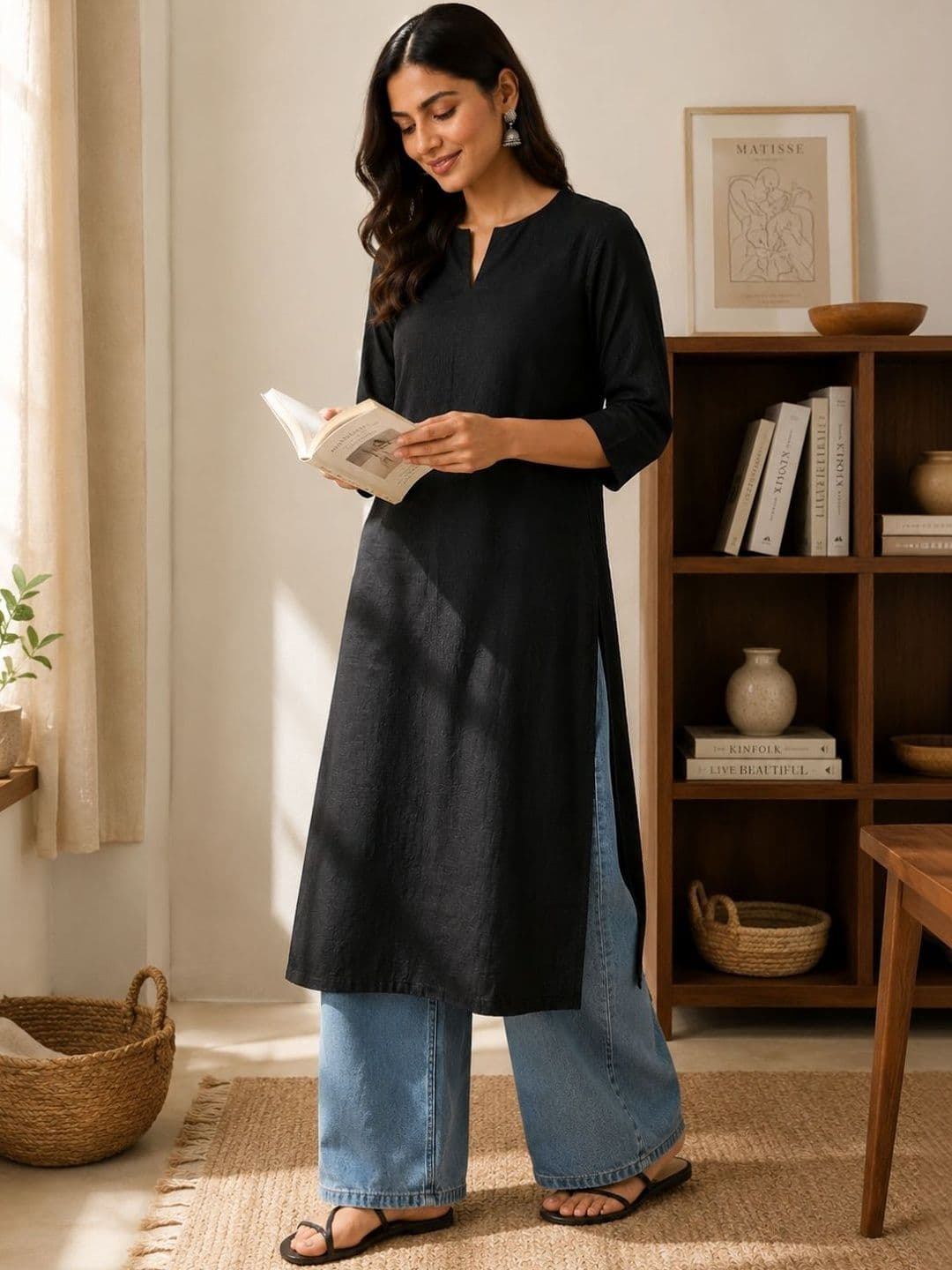 swingal Women Black Pure Cotton Solid Straight Kurta thumbnail 3