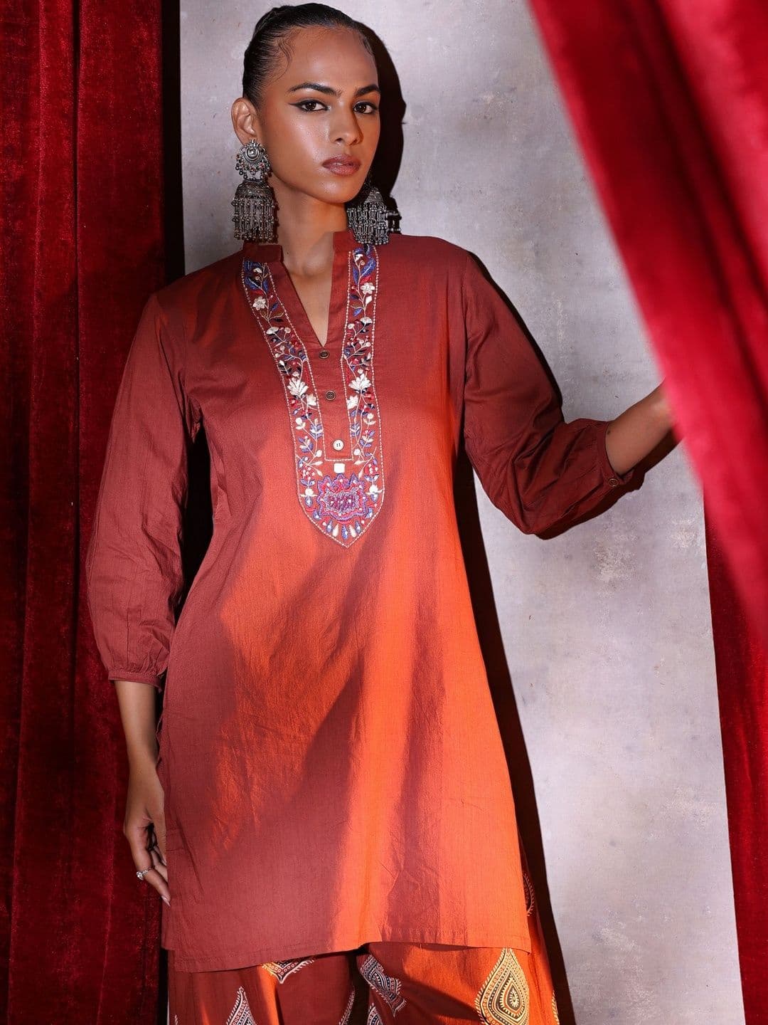 Khushal K Women Ethnic Motifs Embroidered Regular Thread Work Pure Cotton Kurta with Palazzos thumbnail 7