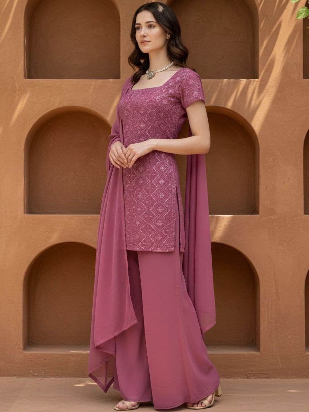 all about you Women Ethnic Motifs Embroidered Regular Thread Work Kurta with Palazzos & With Dupatta thumbnail 4