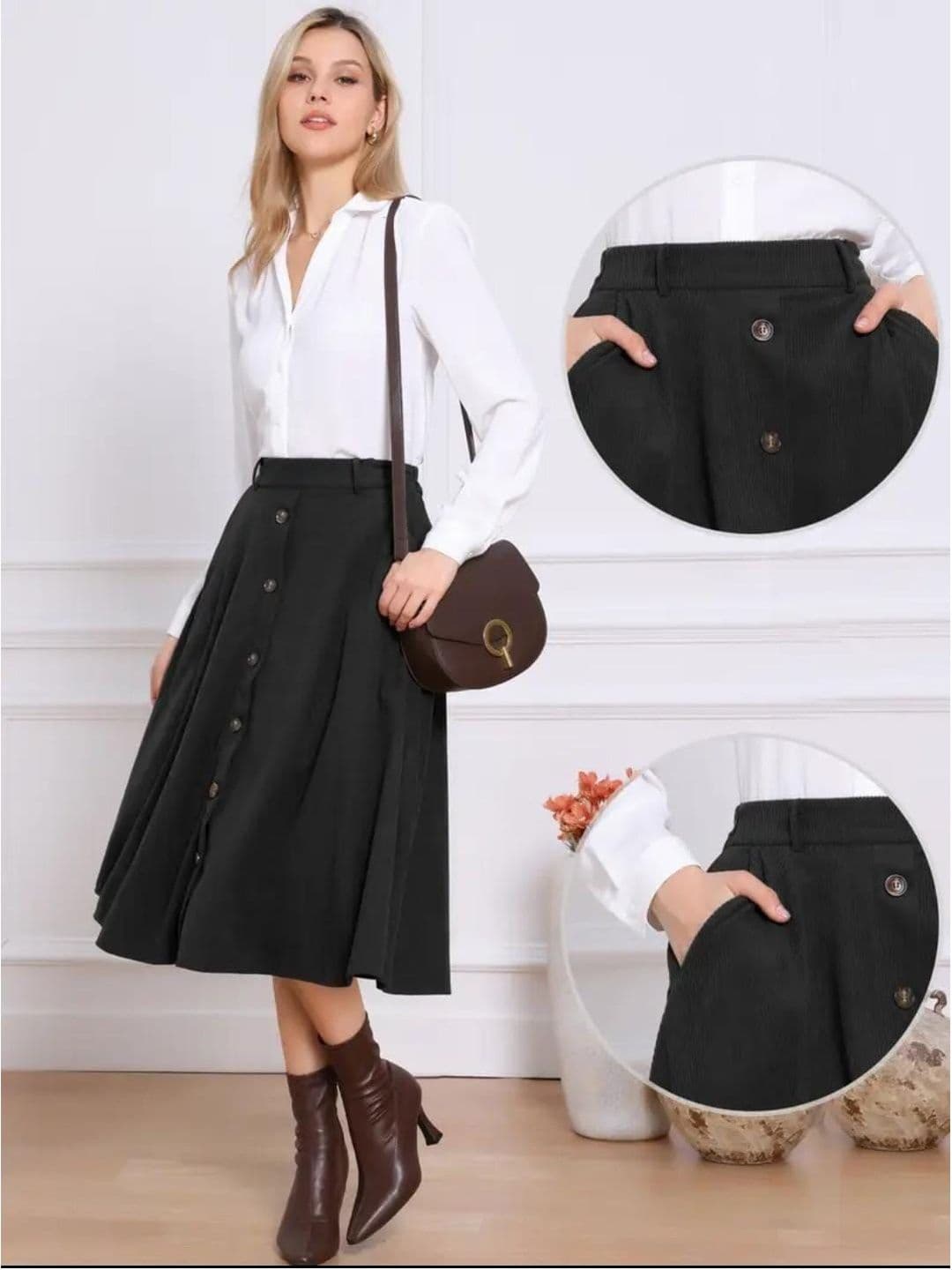 JINJIN FASHION Women Corduroy Midi A-Line Skirt thumbnail 6