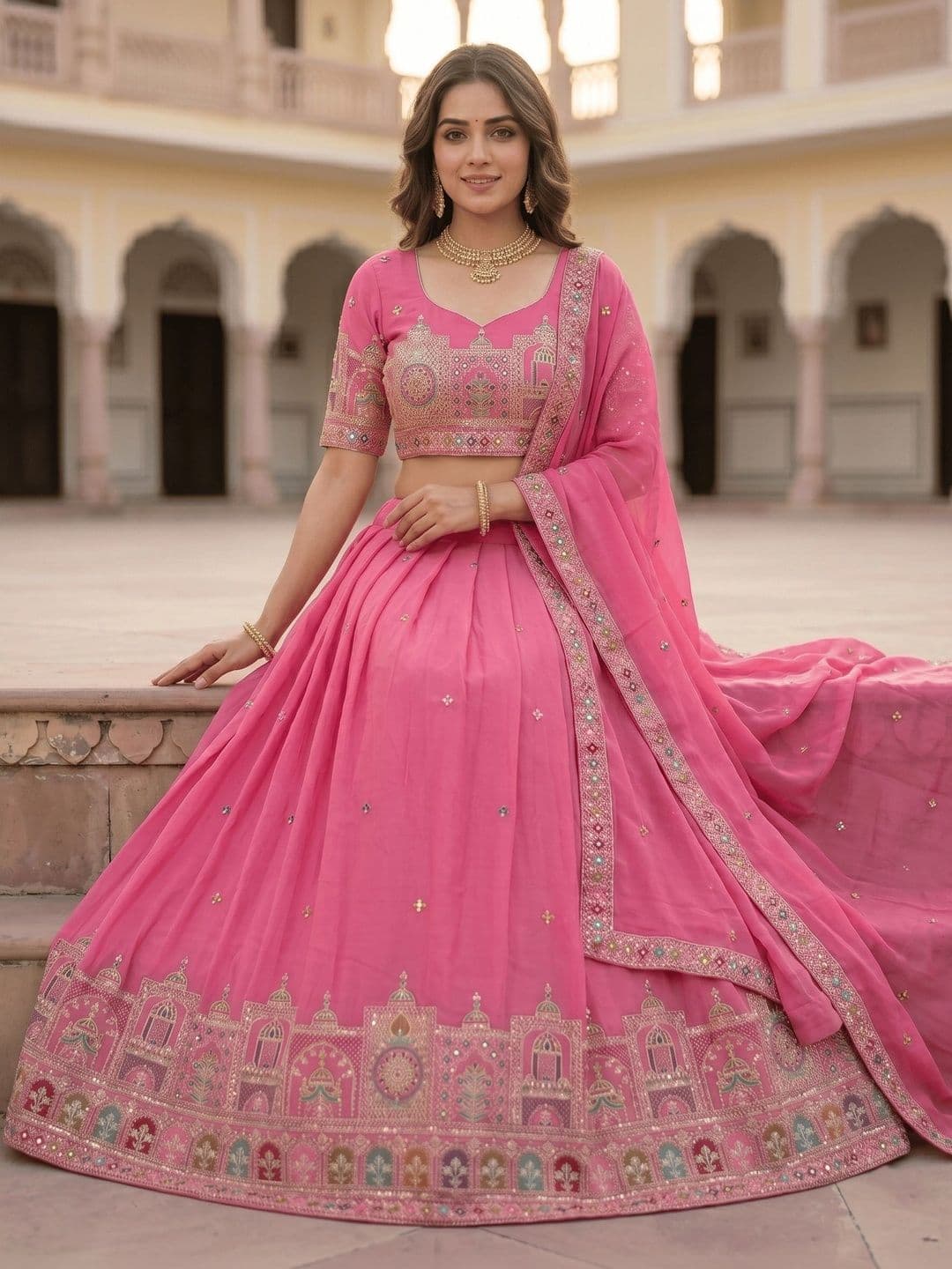 Fashorama Embroidered Sequinned Semi-Stitched Lehenga & Blouse With Dupatta thumbnail 2