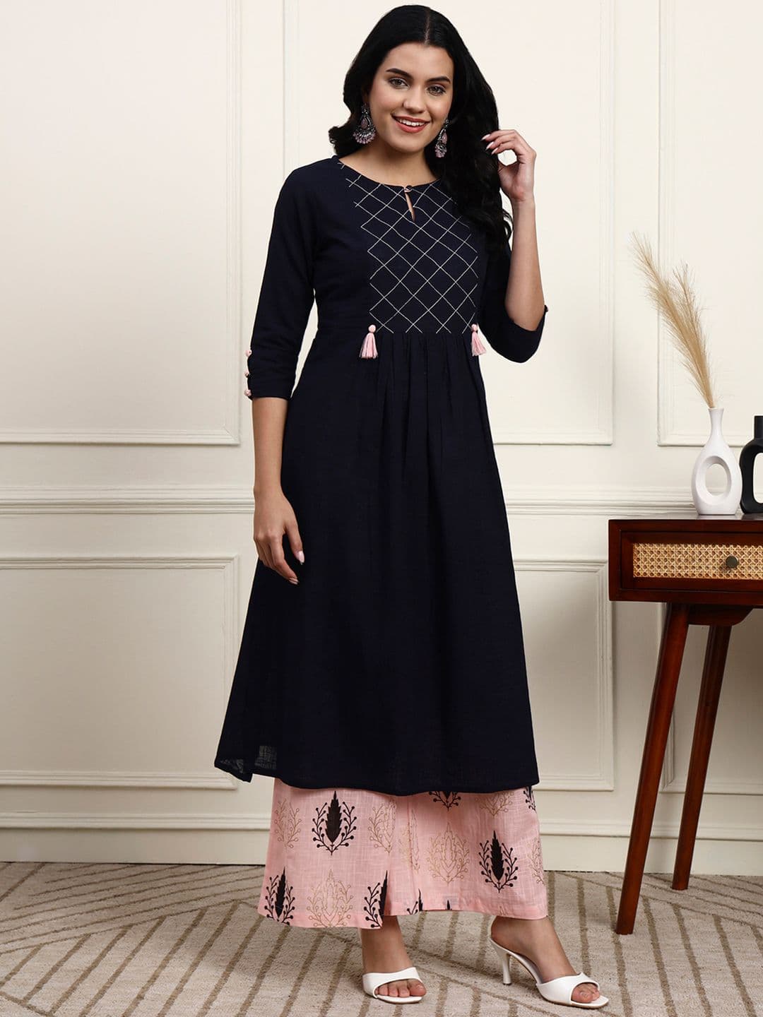 Idalia Women Navy Blue & Pink Yoke Design Kurta with Palazzos - view 1