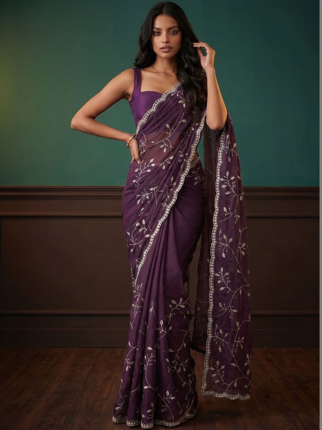 DRIP CHOWK Woven Design Embroidered Pure Chiffon Saree thumbnail 2