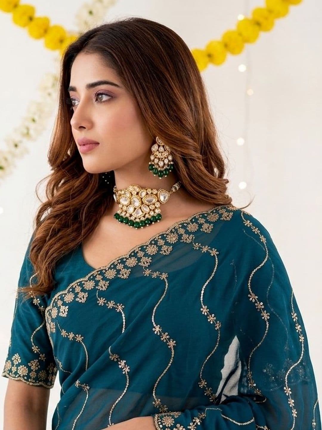 all about you Embellished Embroidered Poly Georgette Heavy Work Saree thumbnail 2