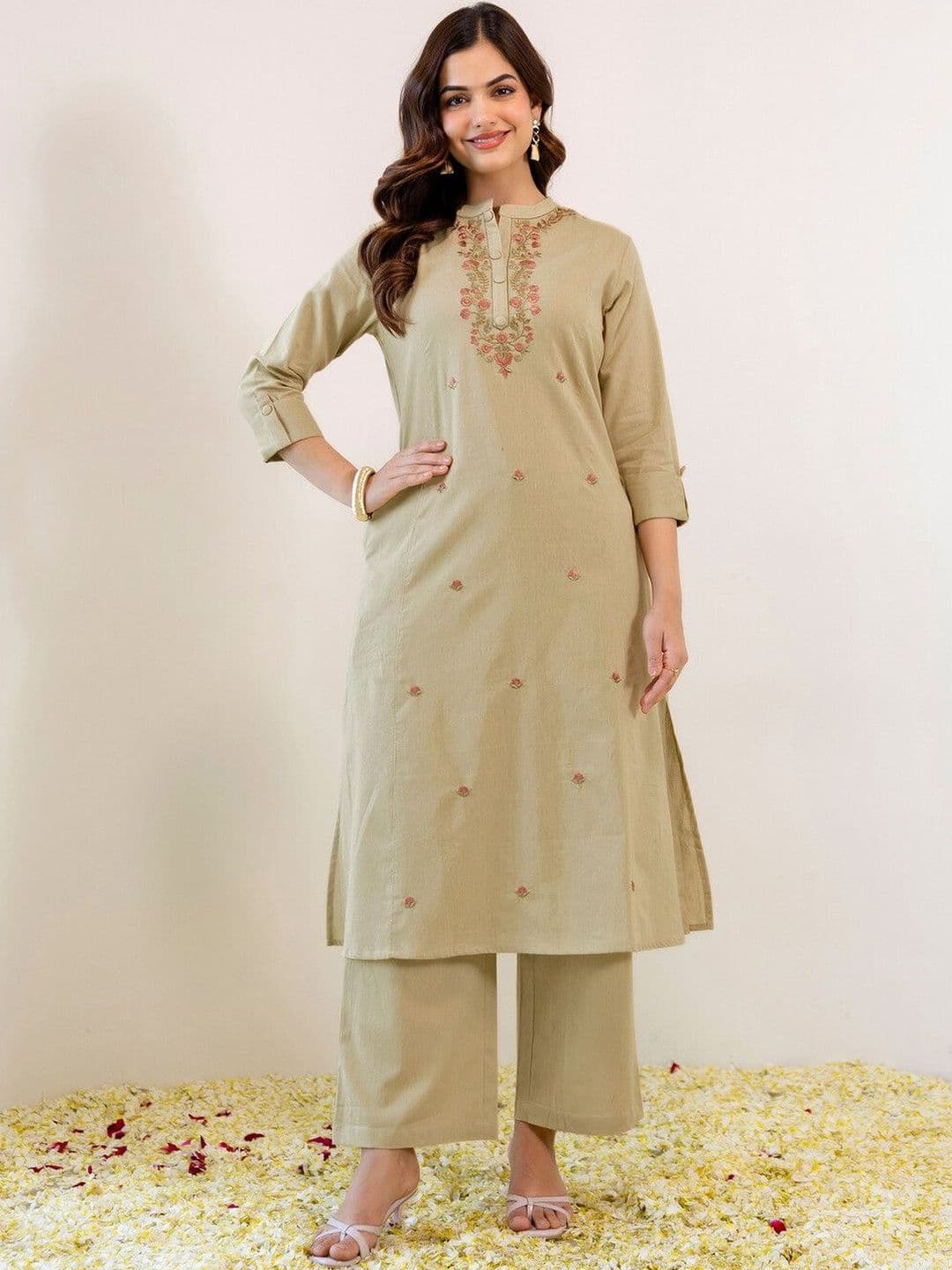 SKYLEE Embroidered Beige Viscose Rayon Co Ords for Women thumbnail 5