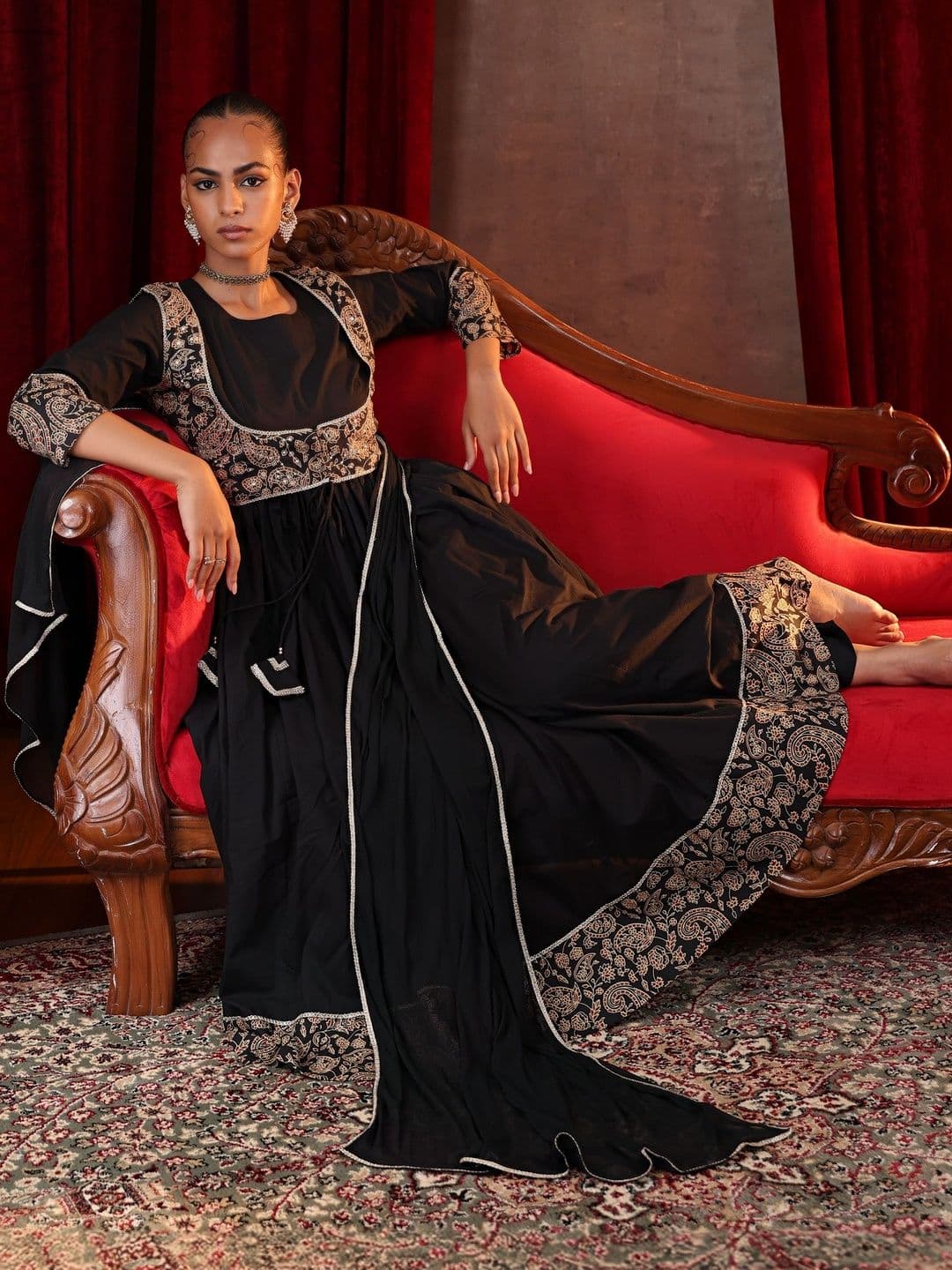 Khushal K Women Ethnic Motifs Embroidered Empire Thread Work Pure Cotton Kurta with Trousers & With Dupatta thumbnail 2