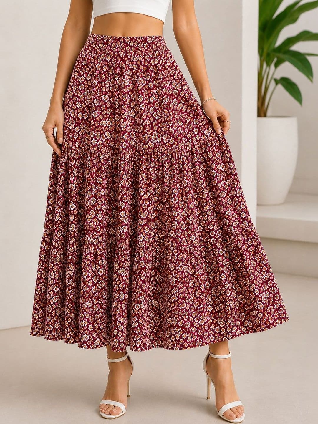 AmorLuxe Women Crepe Floral Midi A-Line Skirt thumbnail 5