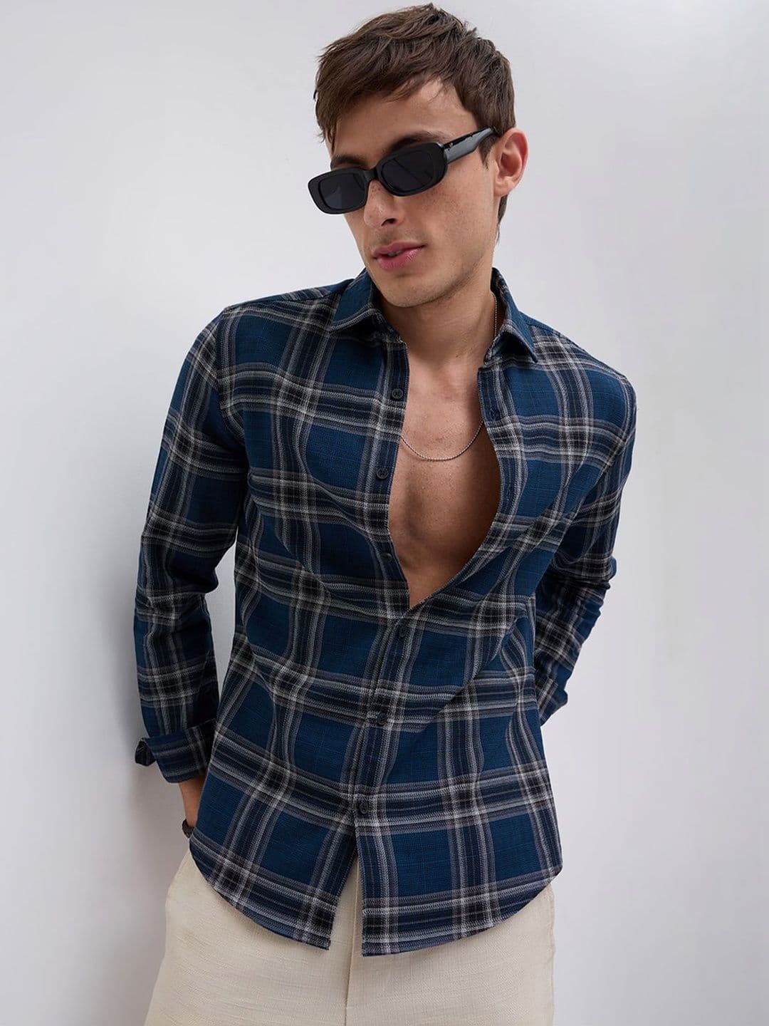 VASTRADO Ocean Blue Contrast Plaid Checks Shirt thumbnail 2