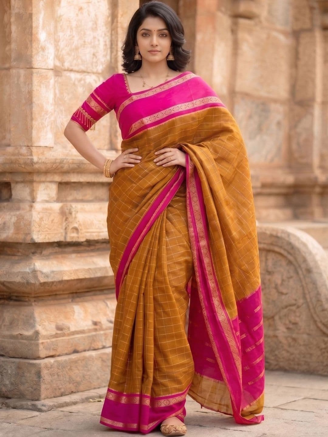 Mitera Checked Silk Blend Handloom Banarasi Saree thumbnail 2