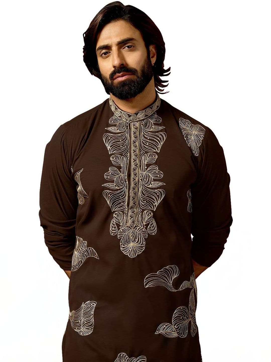 House of Pataudi Embroidered Cotton Mandarin Collar Knee Length Straight Kurtas thumbnail 6