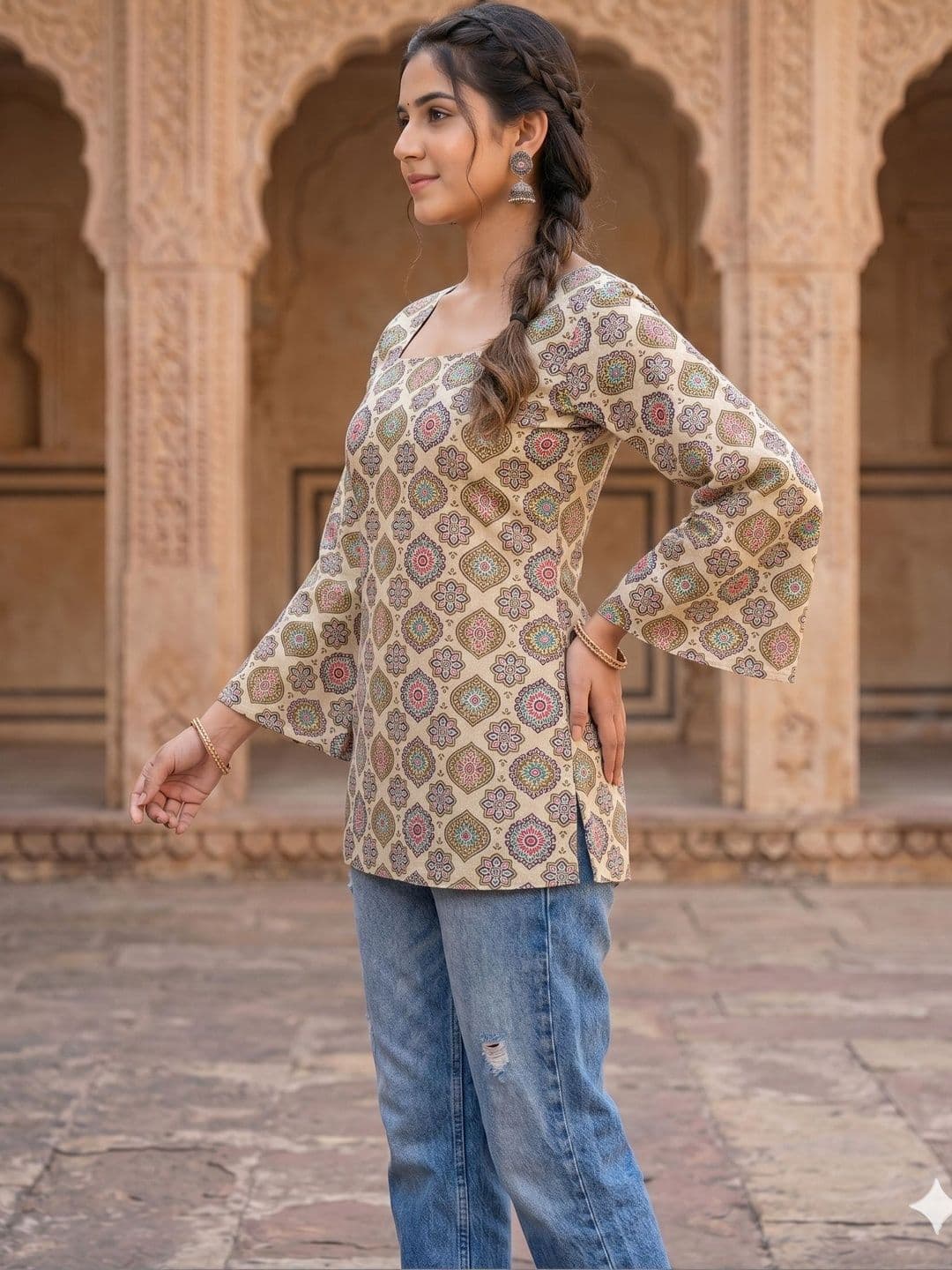 KALINI Women Ethnic Motifs Printed Bell Sleeves Indie Prints Kurta thumbnail 4