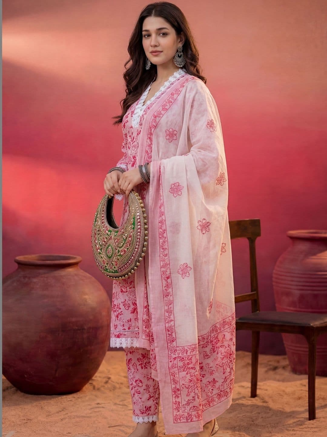 Sangria Printed Pure Cotton V-Neck Kurta & Trousers With Dupatta thumbnail 4