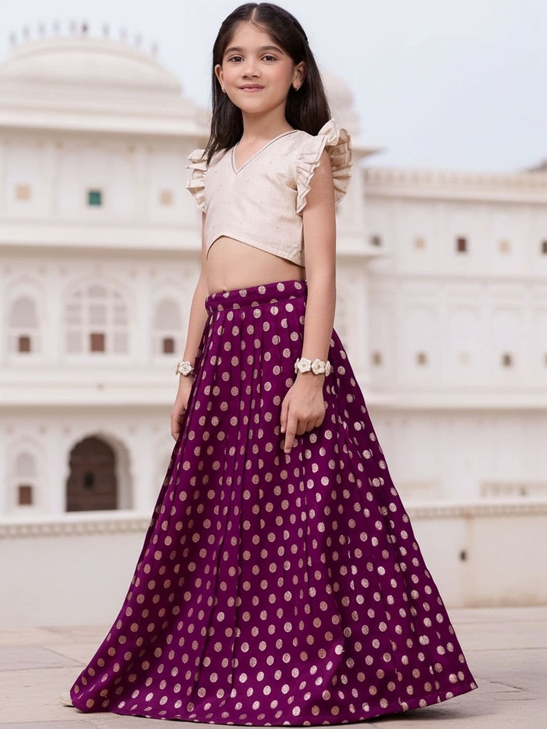 KALANANDI Girls Embellished Foil Print Ready to Wear Lehenga & - view 1