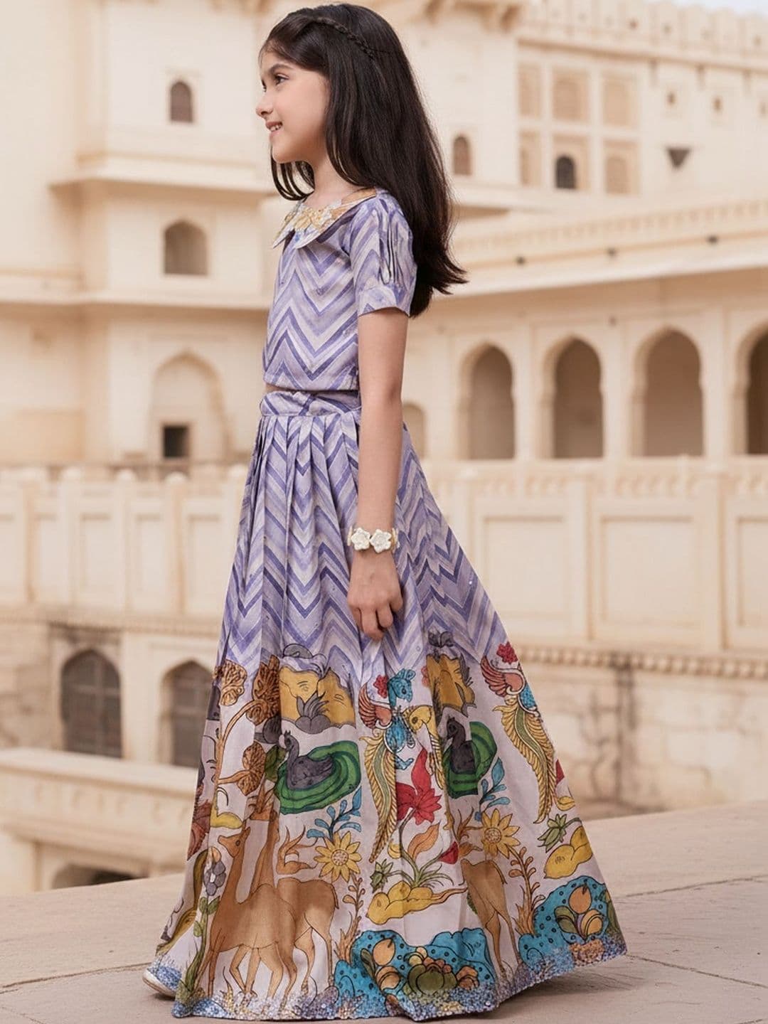 KALANANDI Girls Printed Sequinned Ready to Wear Lehenga & thumbnail 3