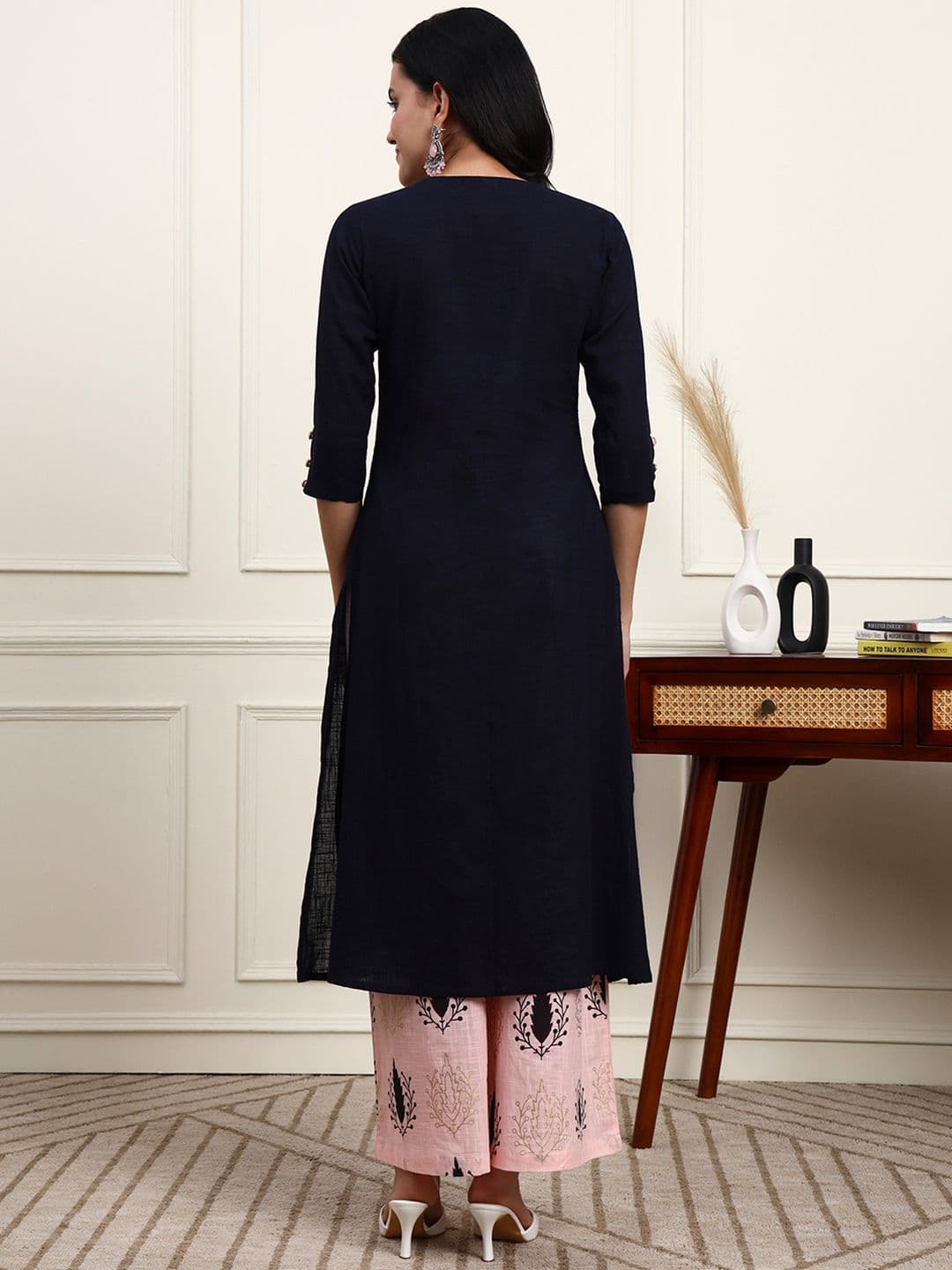 Idalia Women Navy Blue & Pink Yoke Design Kurta with Palazzos thumbnail 6